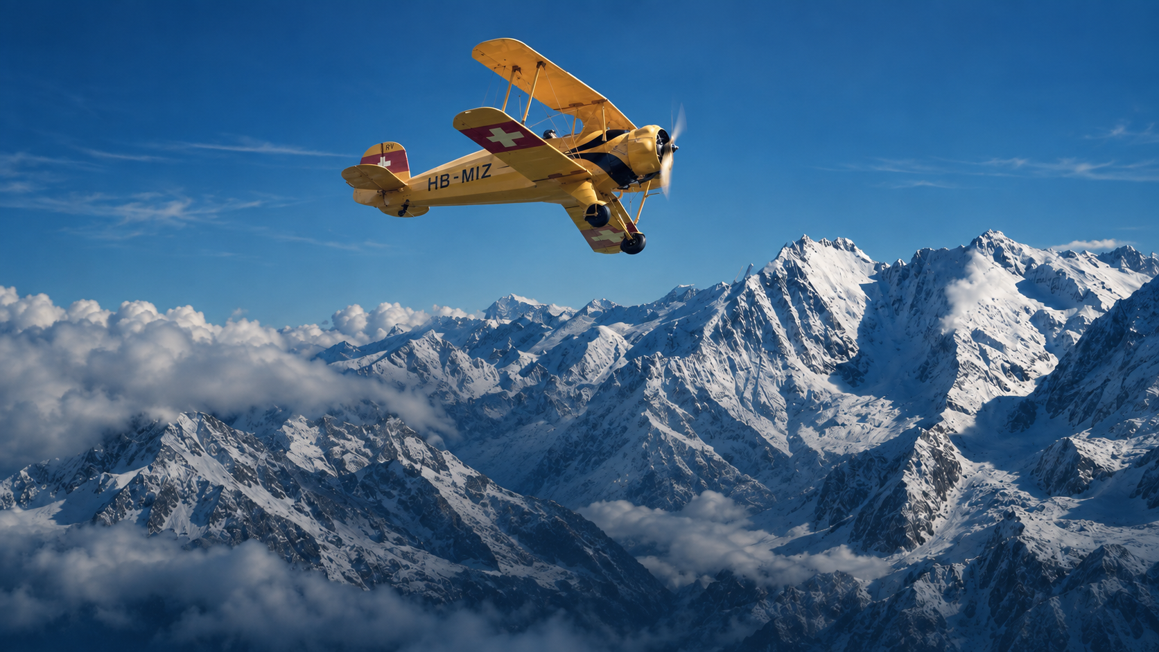 Der gelbe Schweizer Doppeldecker HB-MIZ vor einem Alpenpanorama; gestaltete Bildkomposition nach dem Originalmotiv