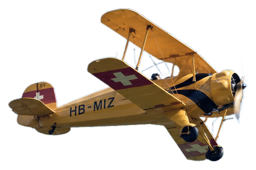 Der gelbe Schweizer Doppeldecker HB-MIZ vor einem Alpenpanorama; gestaltete Bildkomposition nach dem Originalmotiv
